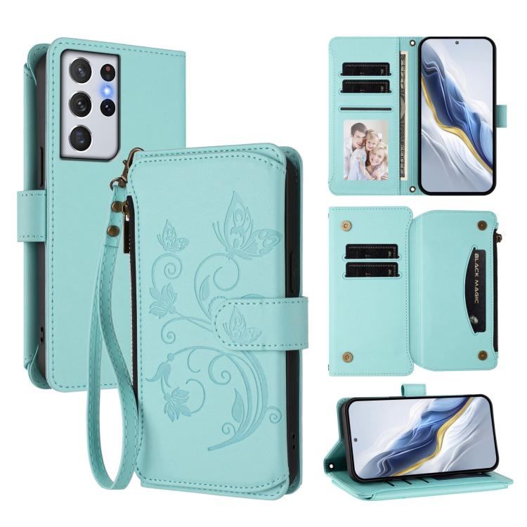 Funda de cuero con cremallera para Samsung Galaxy S21 Ultra 5G, diseño de mariposas, flores y amor, con múltiples tarjetas (verde menta)