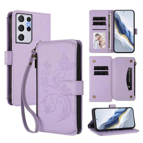 Funda de cuero con cremallera para Samsung Galaxy S21 Ultra 5G, diseño de mariposas, flores y amor, con múltiples tarjetas (morado claro)