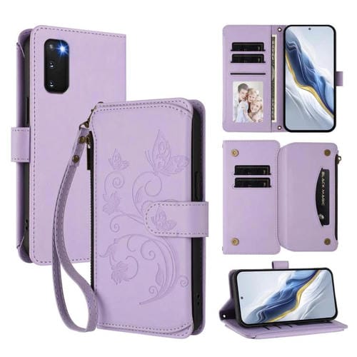 Funda de cuero con cremallera para Samsung Galaxy S20, diseño de mariposas, flores y amor, con múltiples tarjetas (morado claro)