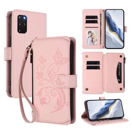 Funda de cuero con cremallera para Samsung Galaxy S20+, diseño de mariposas, flores y amor, con múltiples tarjetas (rosa)