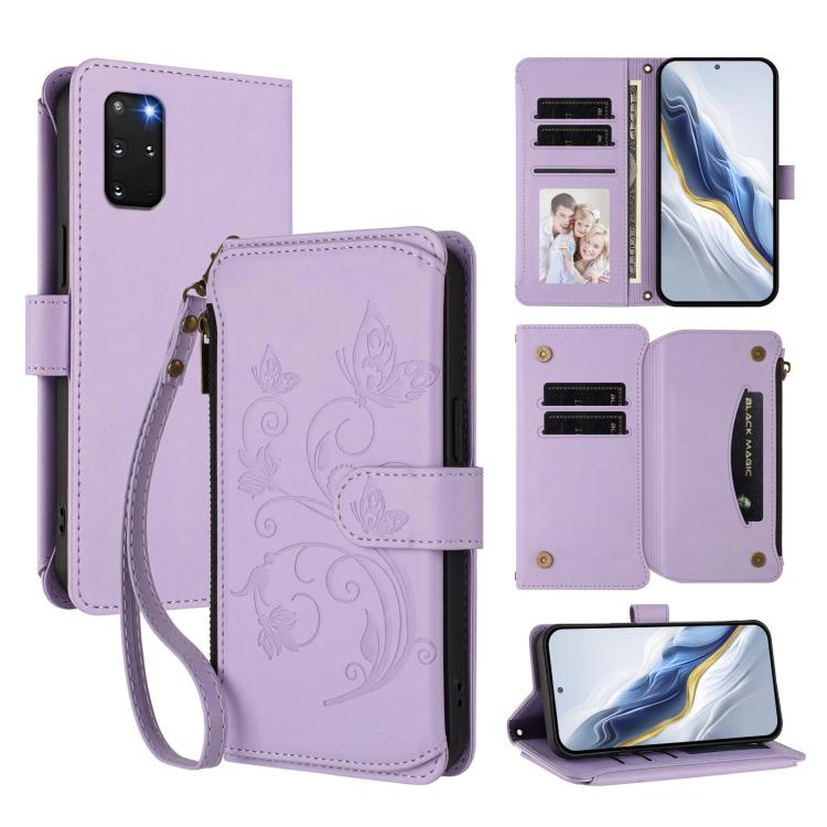 Funda de cuero con cremallera para Samsung Galaxy S20+, diseño de mariposas, flores y amor (morado claro)