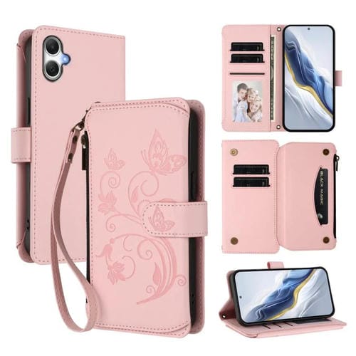 Funda de cuero con cremallera para Samsung Galaxy A07 4G / A06 4G / 5G, diseño de mariposas y flores, con múltiples tarjetas (rosa)