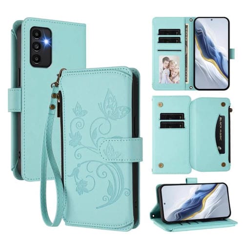 Funda de cuero con cremallera para Samsung Galaxy A13 4G / 5G / A04 4G, diseño de mariposas y flores, con múltiples tarjetas (verde menta)