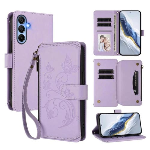 Funda de cuero con cremallera para Samsung Galaxy A15 4G/5G, diseño de mariposas, flores y amor, con múltiples tarjetas (morado claro)