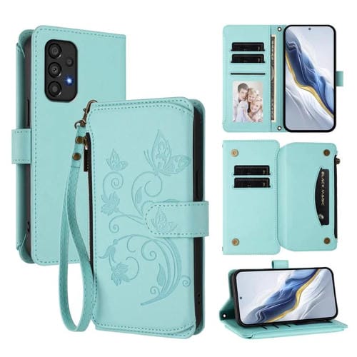 Funda de cuero con cremallera para Samsung Galaxy A33 5G, diseño de mariposas, flores y amor, con múltiples tarjetas (verde menta)