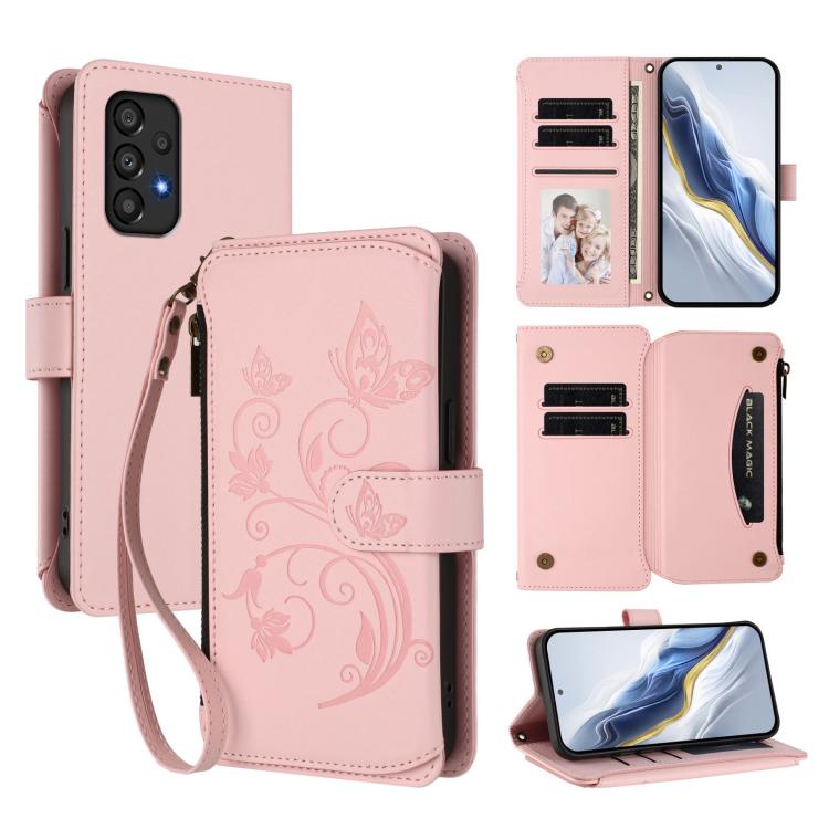 Funda de cuero con cremallera para Samsung Galaxy A53 5G, diseño de mariposas, flores y amor, con múltiples tarjetas (rosa)