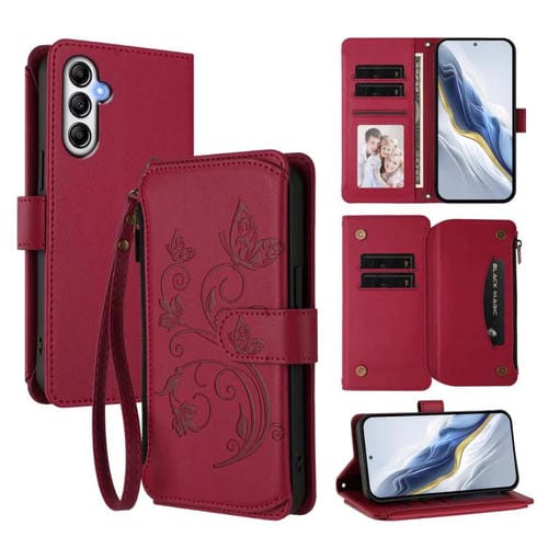 Funda de cuero con cremallera para Samsung Galaxy A55 5G, diseño de mariposas, flores y amor, con múltiples tarjetas (rojo vino)