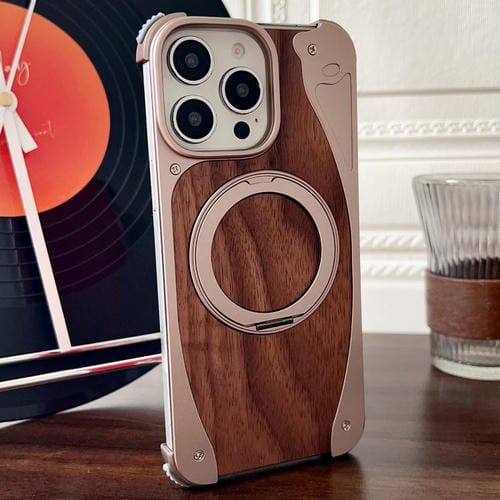 Funda de metal sin marco para iPhone 15 Pro Max, color nogal, con rotación de 360 grados y soporte MagSafe (dorado postre)