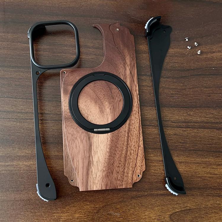 Funda de metal sin marco para iPhone 15 Pro Max, color nogal, con rotación de 360 grados y soporte MagSafe (dorado postre)