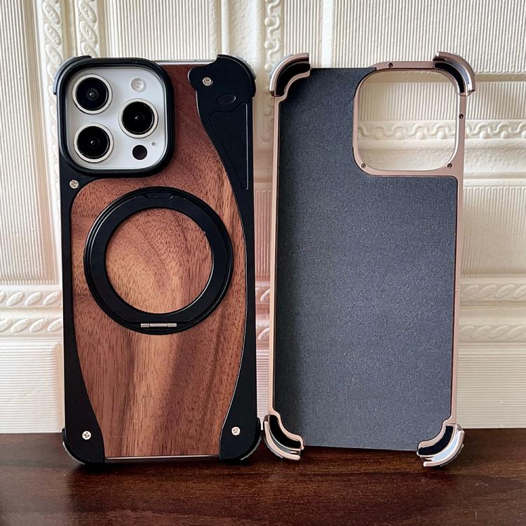 Funda de metal sin marco para iPhone 15 Pro Max, color nogal, con rotación de 360 grados y soporte MagSafe (dorado postre)