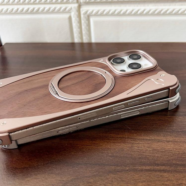 Funda de metal sin marco para iPhone 15 Pro Max, color nogal, con rotación de 360 grados y soporte MagSafe (dorado postre)
