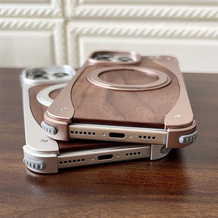 Funda de metal sin marco para iPhone 15 Pro, color nogal, con rotación de 360 grados y soporte MagSafe (plateada)