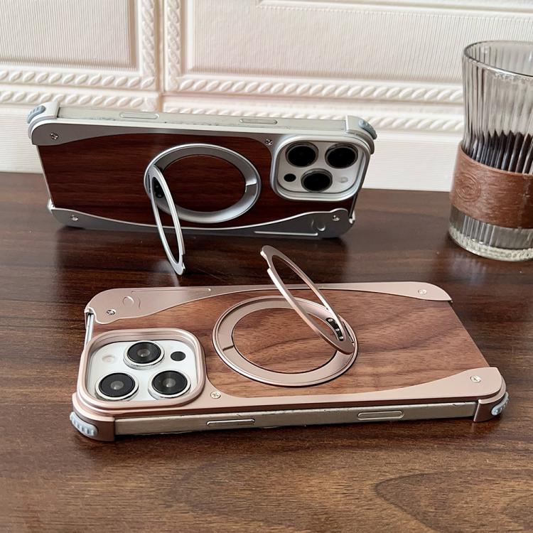 Funda de metal sin marco para iPhone 15 Pro, color nogal, con rotación de 360 grados y soporte MagSafe (negro)