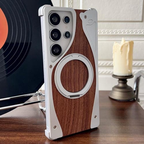 Funda de metal sin marco para Samsung Galaxy S25 Ultra 5G, color nogal, con rotación de 360 grados y soporte MagSafe (plateada)