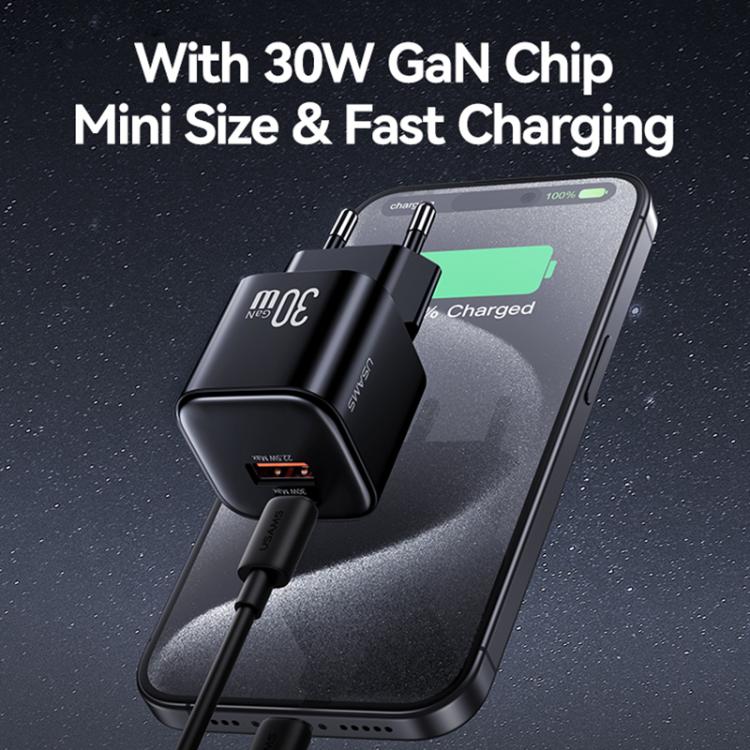 Cargador mini rápido USAMS CC263 de 30 W GaN USB-C/Tipo-C, con dos puertos USB, enchufe UE (negro)