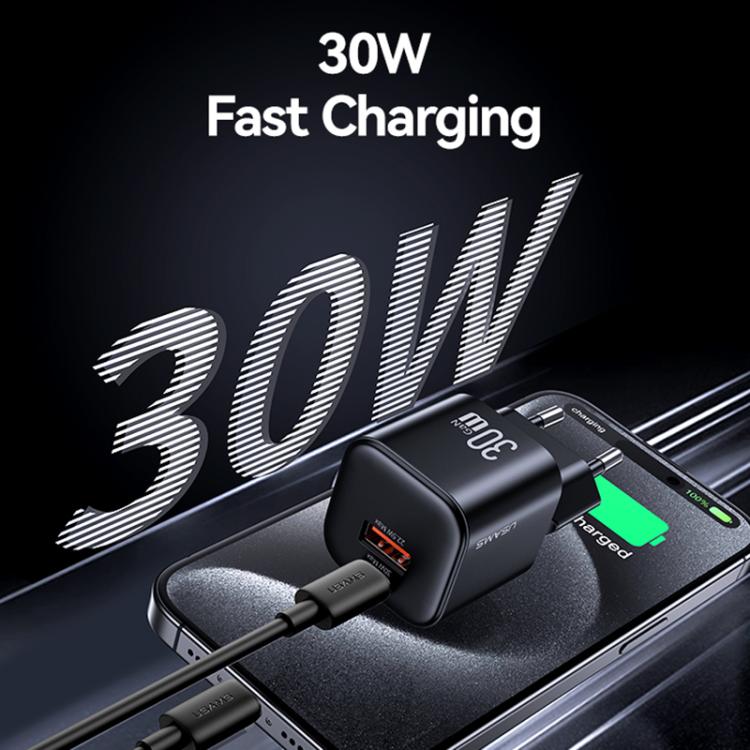 Cargador mini rápido USAMS CC263 de 30 W GaN USB-C/Tipo-C, con dos puertos USB, enchufe UE (negro)