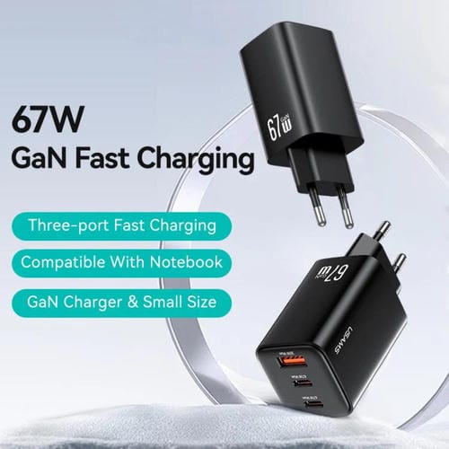 Cargador mini rápido USAMS CC265 de 67 W GaN, 2 puertos USB tipo C, con triple puerto, enchufe UE (blanco)