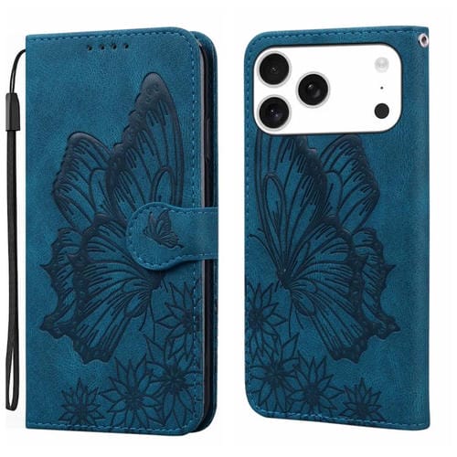 Funda de cuero con tapa horizontal y diseño de mariposas en relieve retro para iPhone 17 Pro Max (azul)