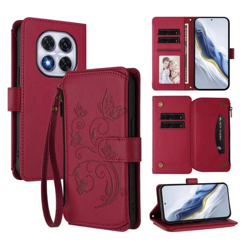 Funda de cuero con cremallera para Redmi Note 14 Pro 5G / Note 14 Pro+ 5G, diseño de mariposas, flores y múltiples tarjetas (rojo vino)