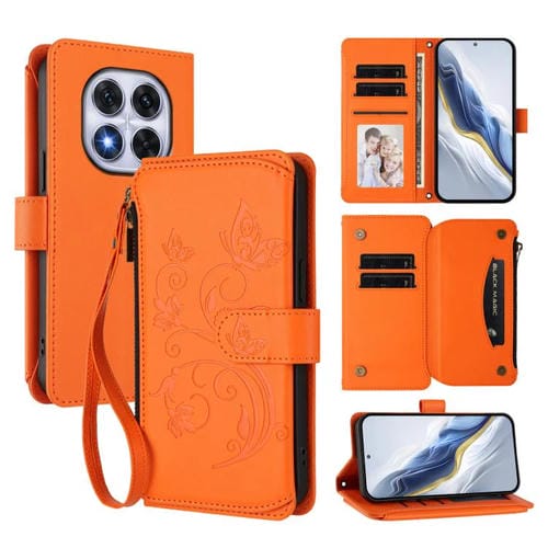 Funda de cuero con cremallera para Redmi Note 14 Pro 5G / Note 14 Pro+ 5G, diseño de mariposas, flores y múltiples tarjetas (naranja)