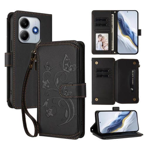 Funda de cuero con cremallera para Redmi Note 14 4G (163,25 mm), diseño de mariposas y flores, con múltiples tarjetas (negro)
