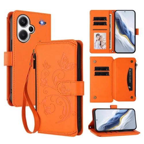 Funda de cuero con cremallera para Redmi Note 13 Pro+, diseño de mariposas, flores y mariposas (naranja)