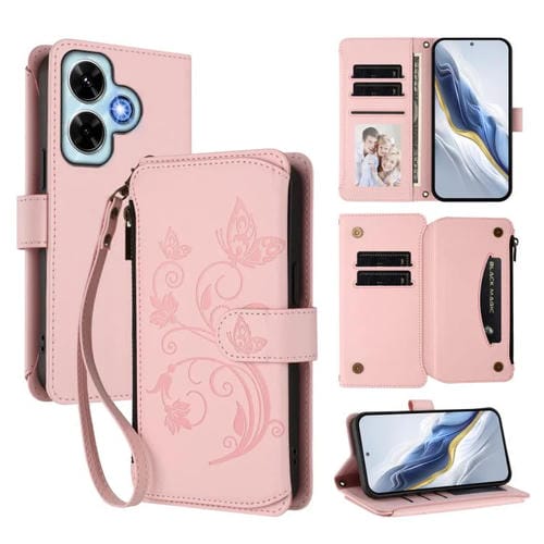 Funda de cuero con cremallera para Redmi Note 13 4G, diseño de mariposas, flores y mariposas (rosa)