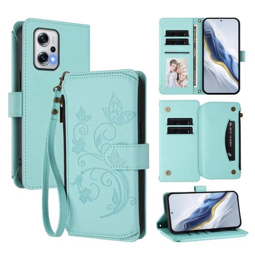 Funda de cuero con cremallera para Redmi Note 12T Pro / Redmi K50i, diseño de mariposas, flores y amor (verde menta)