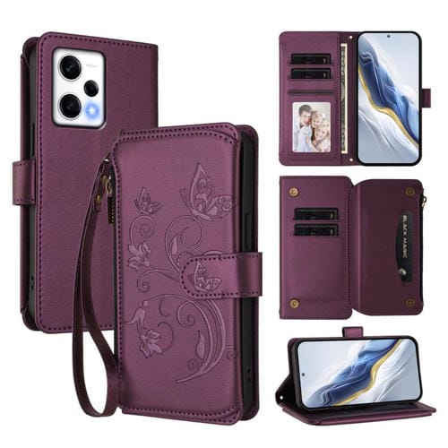 Funda de cuero con cremallera para Redmi Note 12 Pro 5G Global/Speed Butterfly Love Flower (morado oscuro)