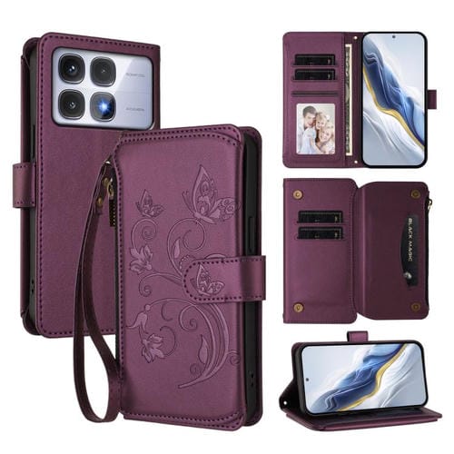 Funda de cuero con cremallera para Redmi K70 Ultra, diseño de mariposas, flores y amor, con múltiples tarjetas (morado oscuro)