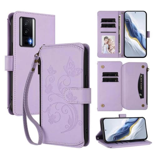 Funda de cuero con cremallera para Redmi K60/K60 Pro, diseño de mariposas, flores y múltiples tarjetas (morado claro)