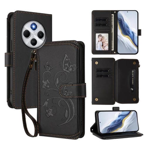 Funda de cuero con cremallera para Redmi A4 5G / A3 Pro / 14C 4G / 14R, diseño de mariposas y flores, con múltiples tarjetas (negro)