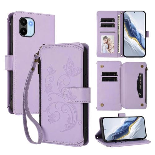 Funda de cuero con cremallera para Redmi A1/Redmi A2, diseño de mariposas y flores, con múltiples tarjetas (morado claro)