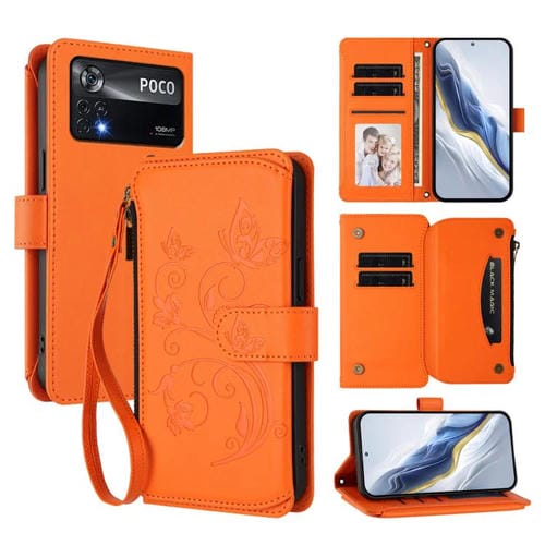 Funda de cuero con cremallera para Xiaomi Poco X4 Pro 5G, diseño de mariposas, flores y múltiples tarjetas (naranja)