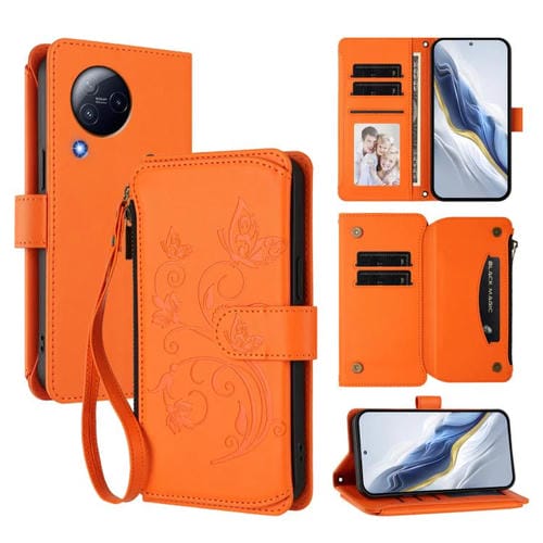 Funda de cuero con cremallera para Xiaomi Civi 3, diseño de mariposas, flores y múltiples tarjetas (naranja)