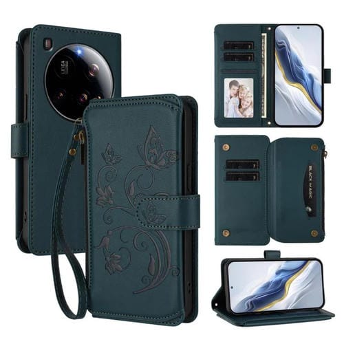Funda de cuero con cremallera para Xiaomi 15 Ultra, diseño de mariposas y flores, con múltiples tarjetas (verde oscuro)