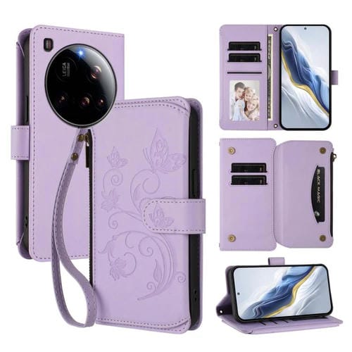 Funda de cuero con cremallera para Xiaomi 15 Ultra, diseño de mariposa, amor y flores, con múltiples tarjetas (morado claro)