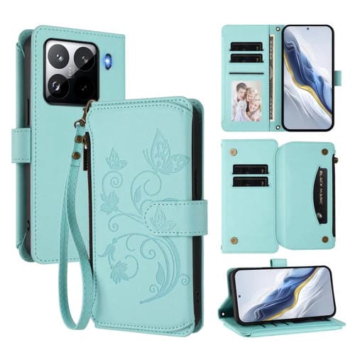 Funda de cuero con cremallera para Xiaomi 15 Pro, diseño de mariposas, flores y múltiples tarjetas (verde menta)