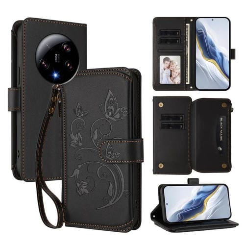 Funda de cuero con cremallera para Xiaomi 13 Ultra, diseño de mariposa, amor y flores, con múltiples tarjetas (negro)