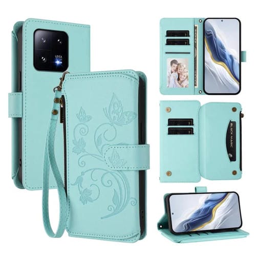 Funda de cuero con cremallera para Xiaomi 13 Pro, diseño de mariposas, flores y múltiples tarjetas (verde menta)