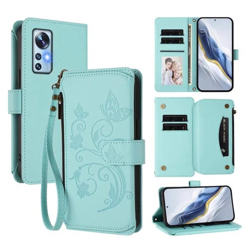 Funda de cuero con cremallera para Xiaomi 12 / Xiaomi 12X / Xiaomi 12S, diseño de mariposas y flores (verde menta)