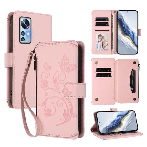 Funda de cuero con cremallera para Xiaomi 12 / Xiaomi 12X / Xiaomi 12S, diseño de mariposas y flores (rosa)