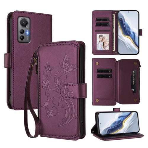 Funda de cuero con cremallera para Xiaomi 12 Lite, diseño de mariposas, flores y mariposas (morado oscuro)