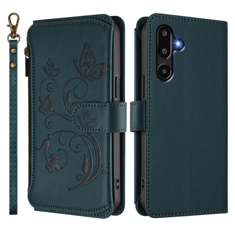 Funda de cuero con cremallera para Samsung Galaxy M16 5G / F16 5G, diseño de mariposas, flores y amor, con múltiples tarjetas (verde oscuro)
