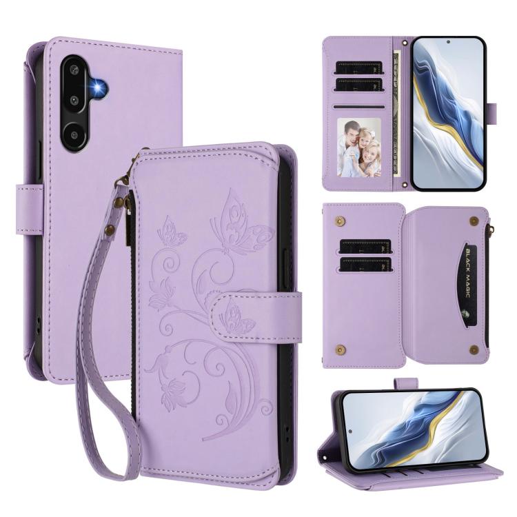 Funda de cuero con cremallera para Samsung Galaxy M16 5G / F16 5G, diseño de mariposas, flores y amor, con múltiples tarjetas (morado claro)