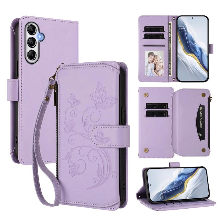 Funda de cuero con cremallera para Samsung Galaxy M14 5G, diseño de mariposas, flores y amor, con múltiples tarjetas (morado claro)
