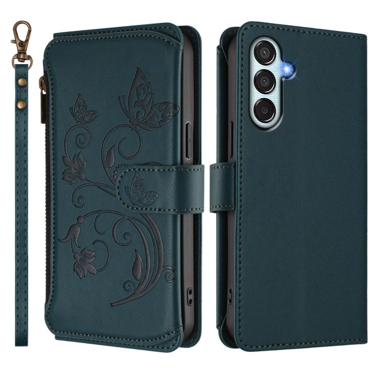 Funda de cuero con cremallera para Samsung Galaxy M15 5G / F15 5G, diseño de mariposas, flores y amor, con múltiples tarjetas (verde oscuro)