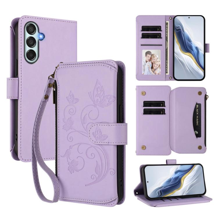 Funda de cuero con cremallera para Samsung Galaxy M15 5G / F15 5G, diseño de mariposas, flores y amor, con múltiples tarjetas (morado claro)