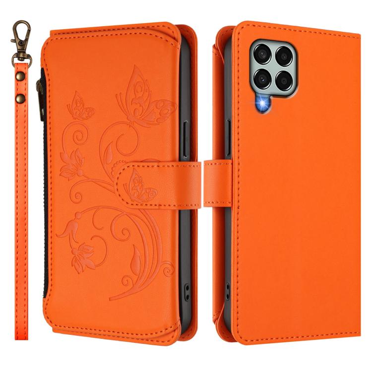 Funda de cuero con cremallera para Samsung Galaxy M33 5G, diseño de mariposas, flores y amor, con múltiples tarjetas (naranja)