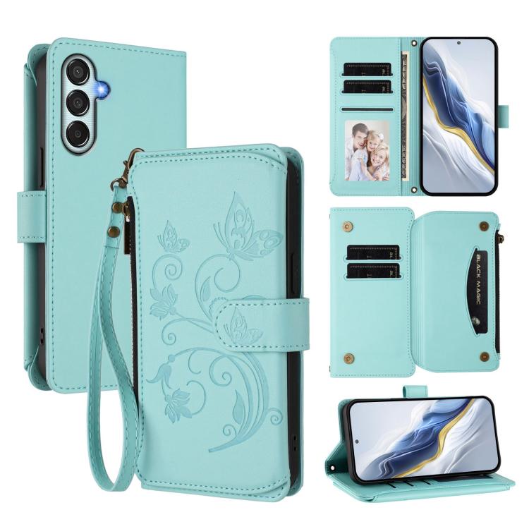 Funda de cuero con cremallera para Samsung Galaxy M34 5G / F34 5G, diseño de mariposas, flores y amor, con múltiples tarjetas (verde menta)